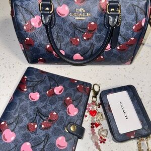 Coach Cherry Print Satchel in Navy and Pink Medium Rowen Notebook & Wallet